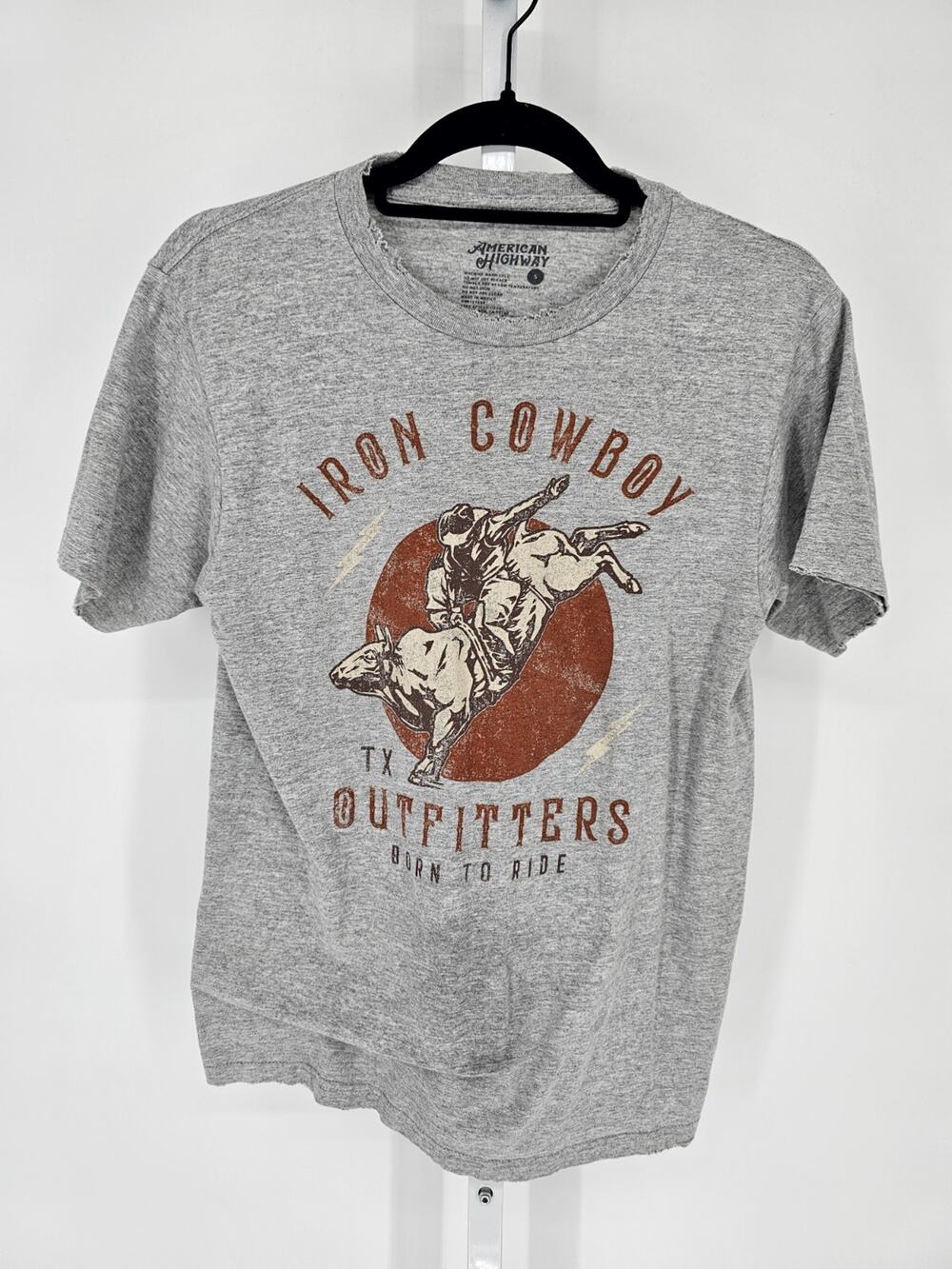 American Highway Womens Sz S Short Sleeve T Shirt Iron Cowboy Western Print
